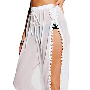 Amazon White Pom-Trim Wide Leg Beach Pants